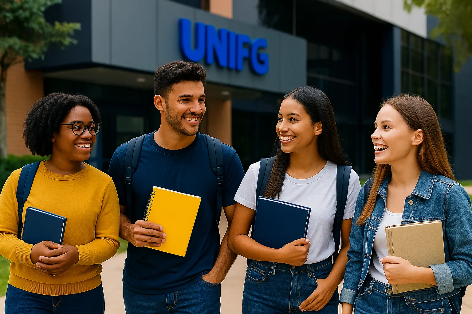 Grupo de estudantes diversos sorrindo no campus da faculdade UNIFG