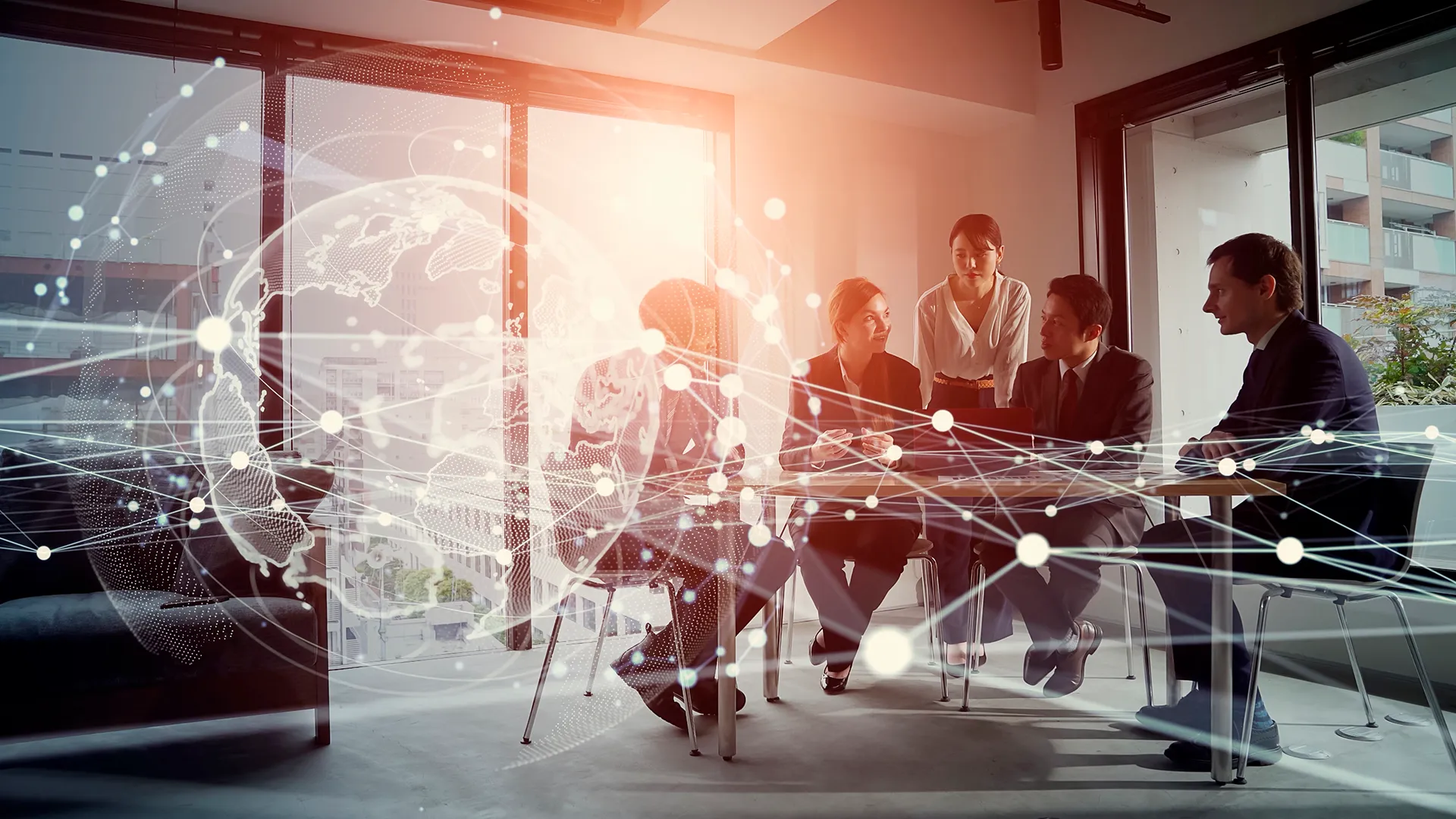 Equipe de negócios em reunião com sobreposição de rede global digital