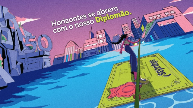 Campanha promocional Horizontes se abrem com o nosso Diplomão da Universidade São Judas celebrando 50 anos de ensino de qualidade