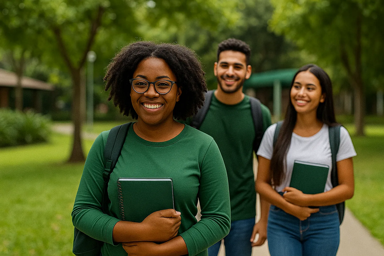 Grupo de estudantes universitários felizes caminhando pelo campus com cadernos