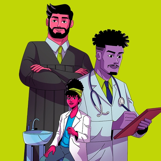 Descubra as diversas opções de carreira profissional através de ilustrações educativas de médicos e advogados