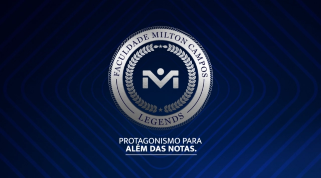 Brasão da Faculdade Milton Campos com o slogan Protagonismo para além das notas
