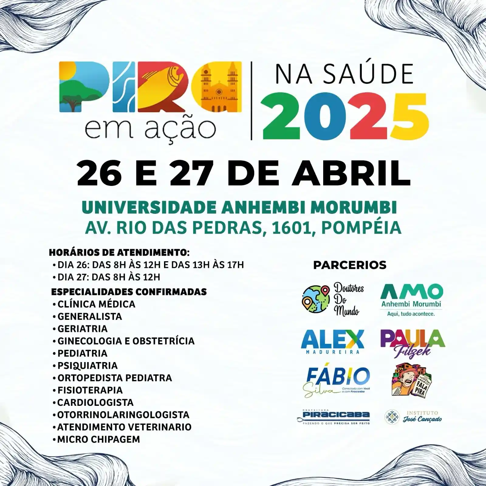 AMO eventos! Pira em Ação na Saúde acontece nos dias 26 e 27 de abril com atendimentos gratuitos
