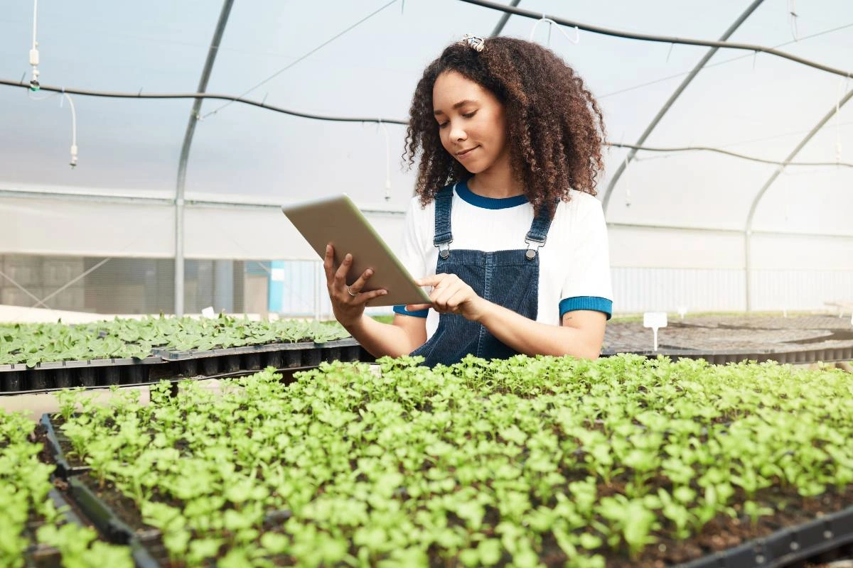Estagiária de agronomia utilizando tecnologia digital no monitoramento de plantio em estufa para otimização da produção