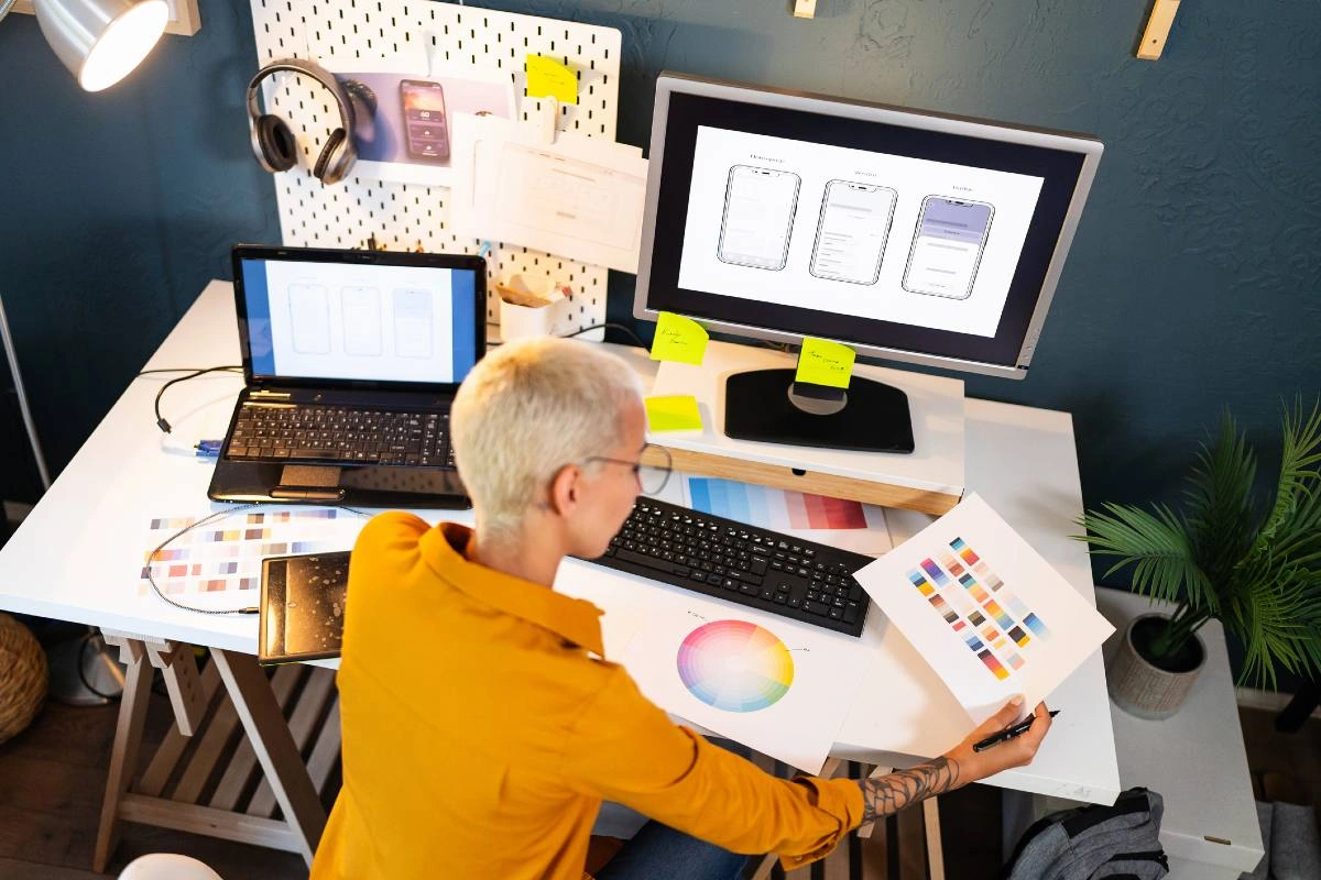Designer gráfico trabalhando no computador com paleta de cores e wireframes de aplicativos