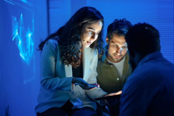 Equipe de engenharia analisando dados e inteligência artificial em ambiente tecnológico