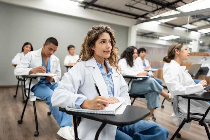 Estudantes de medicina em sala de aula do UniBH fazendo anotações