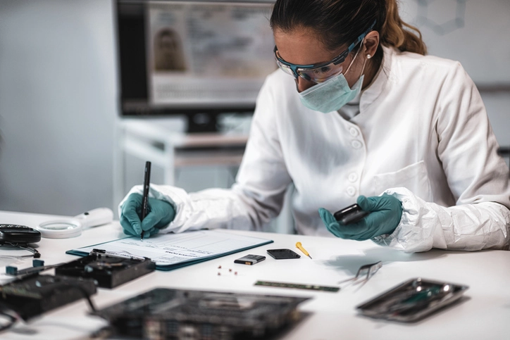 Perita criminal analisando evidências digitais em laboratório forense