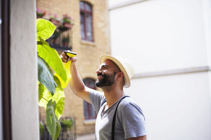Homem sorridente regando plantas em um ambiente urbano sustentável
