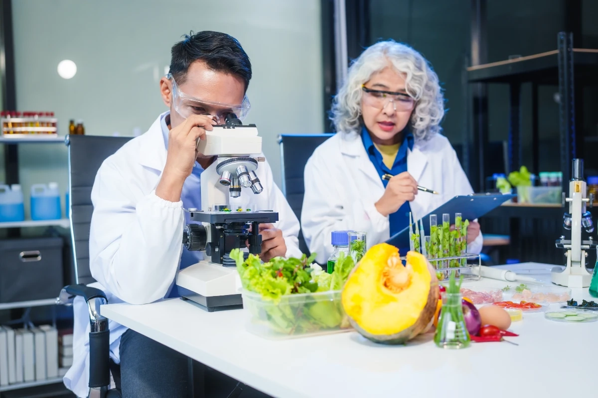 Pesquisadores em laboratório de nutrição analisando amostras de alimentos ao microscópio