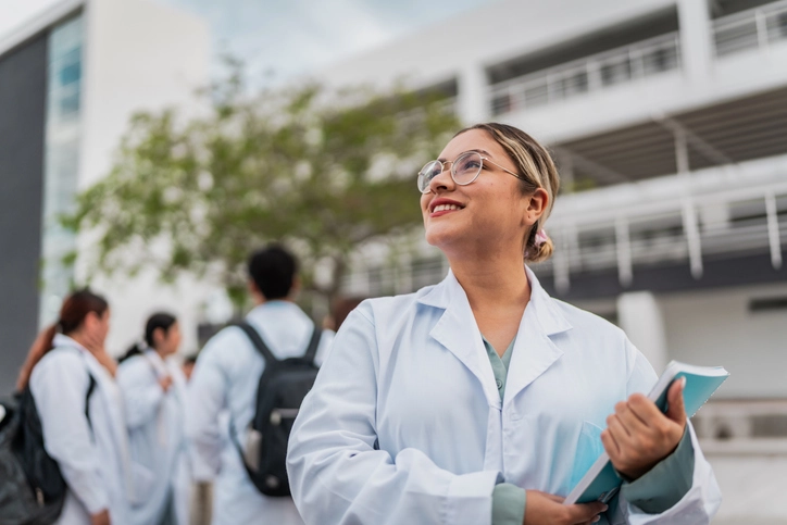 Estudante de Medicina Veterinária sorrindo no campus universitário segurando livros