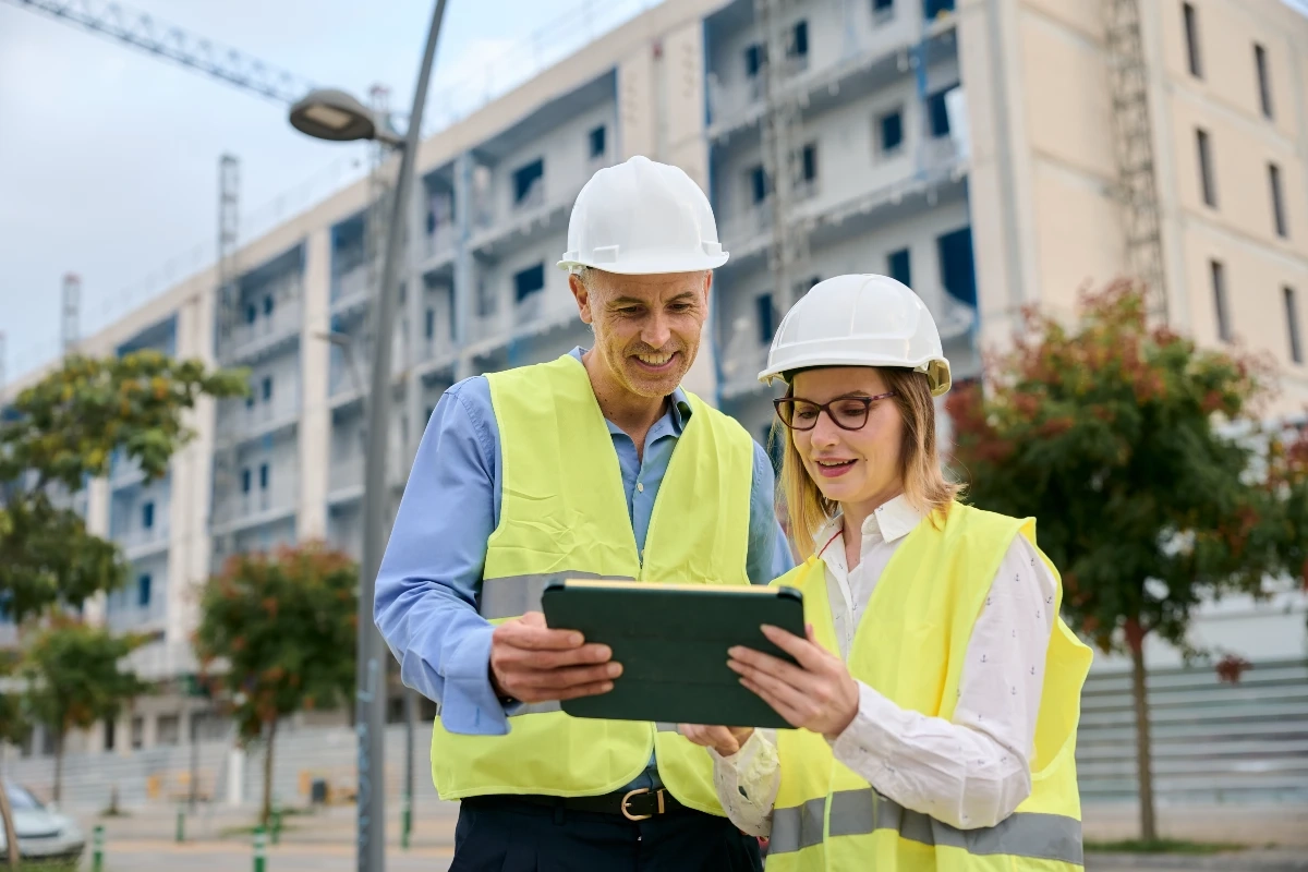 Engenheiros civis com capacetes e coletes de segurança analisando projeto em tablet em canteiro de obras