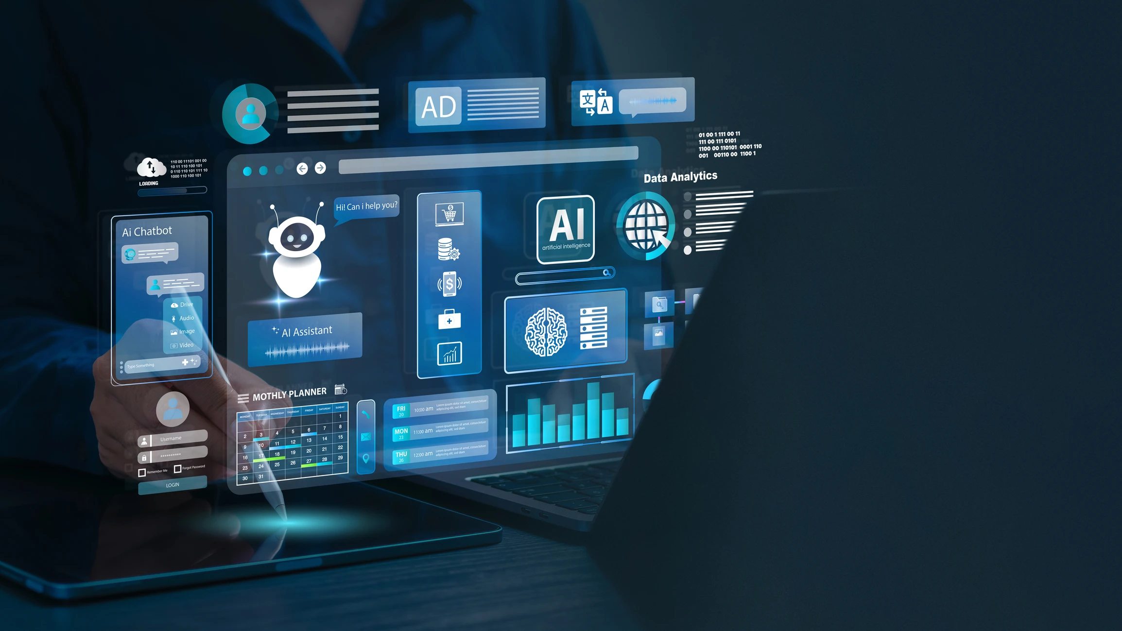 Profissional trabalhando com desenvolvimento de software e ferramentas avançadas de inteligência artificial e análise de dados para otimização de sistemas