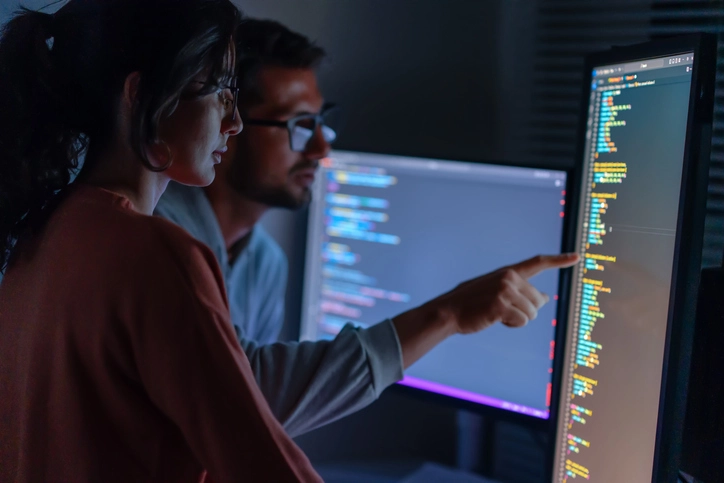Desenvolvedores de software trabalhando juntos em código em monitores no escritório