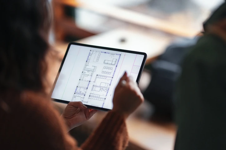 Arquiteta analisando planta baixa de projeto arquitetônico em tablet para desenvolvimento de portfólio profissional