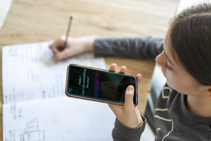 Estudante utilizando tecnologia de inteligência artificial e assistente de voz para auxiliar nos estudos e tarefas escolares