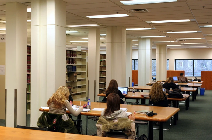 Alunos estudando em uma biblioteca universitária silenciosa com mesas e estantes de livros