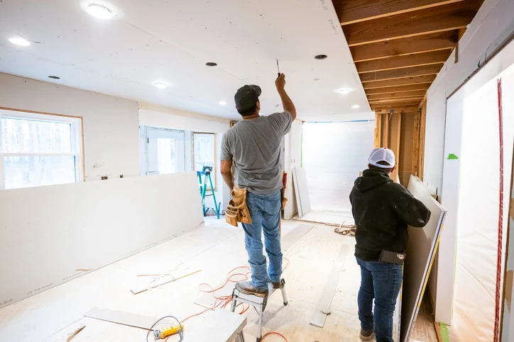 Dois profissionais realizando a instalação de placas de drywall no teto de uma obra residencial