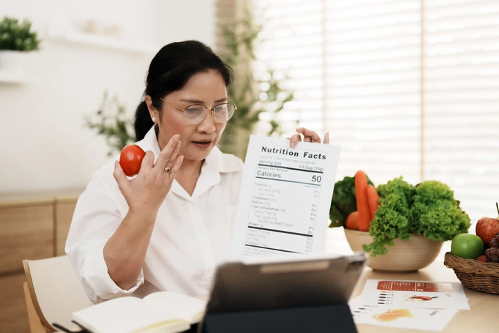 Nutricionista ou especialista em saúde analisando informações nutricionais de alimentos frescos durante uma consulta online Mulher consultando rótulo de informações nutricionais de alimentos em uma videochamada