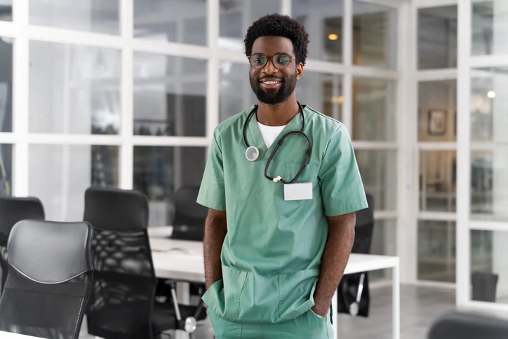 Jovem médico negro sorridente vestindo uniforme verde e estetoscópio em um ambiente hospitalar