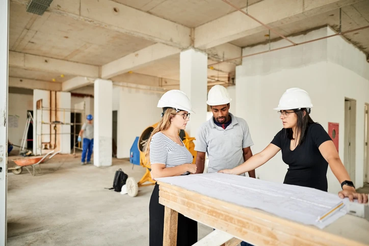 Profissionais de engenharia e arquitetura discutindo projeto arquitetônico em canteiro de obras