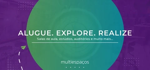 Banner promocional de locação de espaços como salas de aula, estúdios e auditórios da Multiespaços