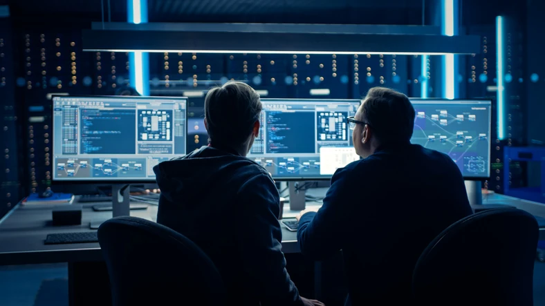 Equipe de desenvolvedores de software analisando códigos e sistemas de dados em um centro de processamento de servidores moderno