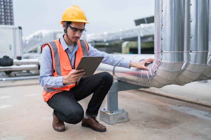Engenheiro utilizando tecnologia digital para realizar inspeção técnica e manutenção preventiva de sistemas de tubulação em ambiente industrial