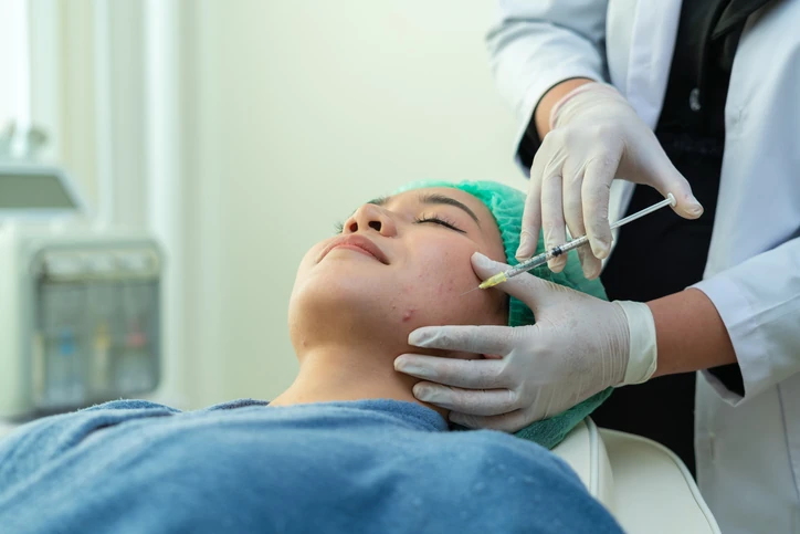 Procedimentos estéticos faciais: profissional realizando aplicação segura de injetáveis em paciente na clínica de estética Paciente recebendo procedimento estético facial com aplicação de injeção em clínica de dermatologia