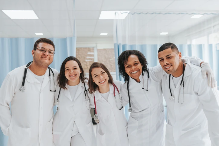 Grupo de jovens estudantes de medicina ou profissionais de saúde sorridentes em ambiente hospitalar