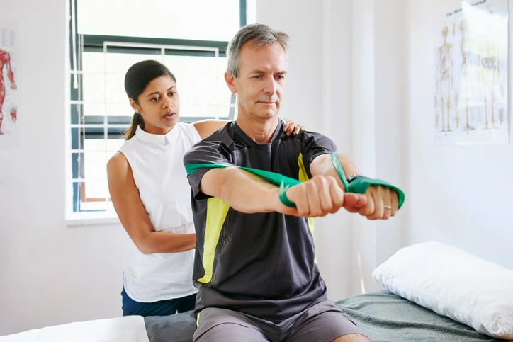 Sessão de fisioterapia focada na reabilitação motora com uso de elásticos para fortalecimento muscular