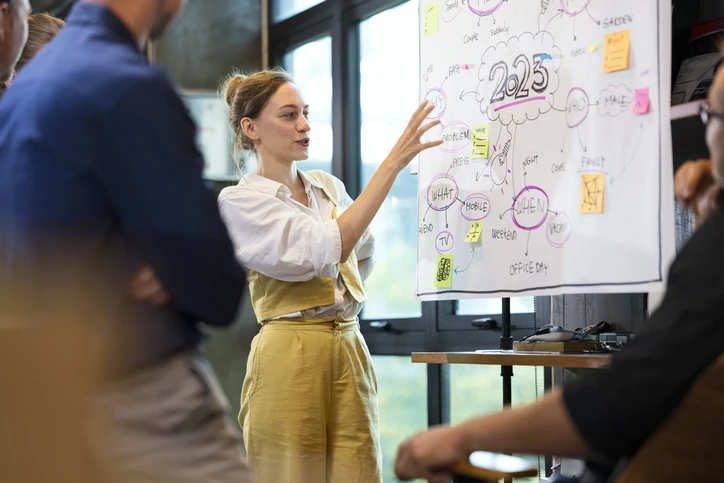 Equipe de profissionais colaborando em uma sessão de brainstorming e planejamento estratégico de negócios em um ambiente de escritório moderno.