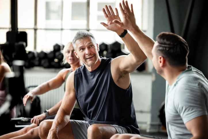 Grupo de pessoas fazendo high-five após treino em uma academia moderna