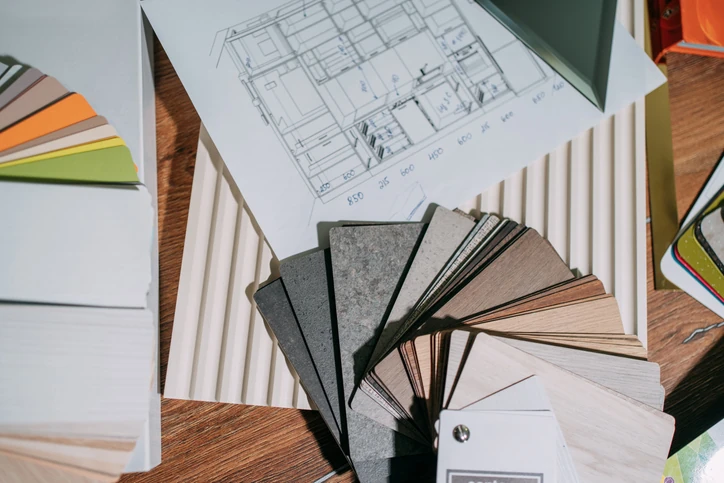 Amostras de materiais de marcenaria e planta baixa sobre uma mesa de projeto de design de interiores