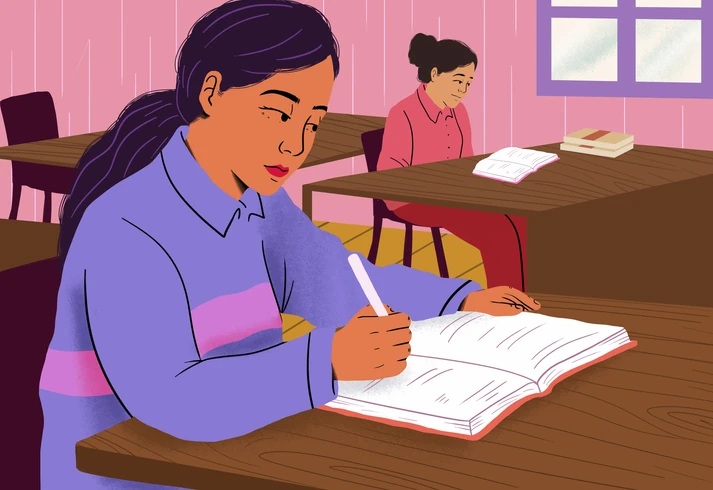 Ilustração de estudantes dedicadas estudando e escrevendo em sala de aula para representar o ambiente acadêmico