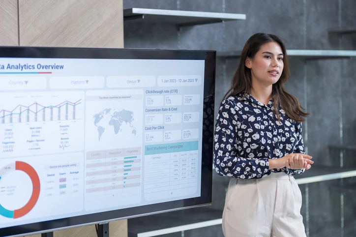 Profissional apresentando dashboard de análise de dados e métricas de marketing em tela digital