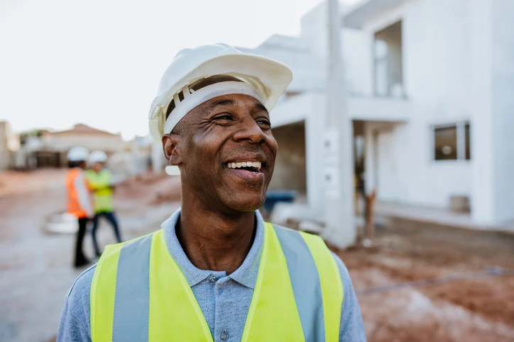 Engenheiro civil sorrindo em um canteiro de obras com capacete e colete de segurança