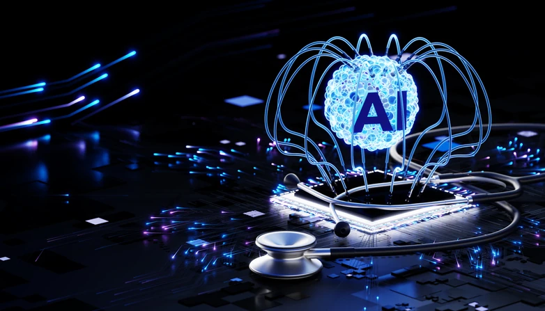 Representação digital de inteligência artificial aplicada à saúde com um estetoscópio sobre um chip de computador
