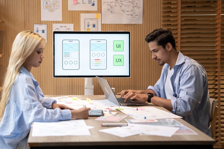 Equipe de designers trabalhando no desenvolvimento de interface UI e experiência do usuário UX em escritório moderno
