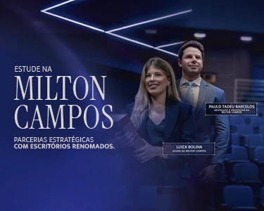 Banner azul da Faculdade Milton Campos com foto de Luiza Bolina sorrindo à frente e Paulo Tadeu Barcelos ao fundo. Texto: Estude na Milton Campos - Parcerias estratégicas com escritórios renomados.