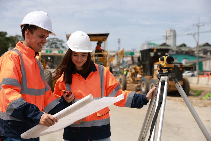 Engenheiros civis com capacetes e coletes refletivos analisando planta em canteiro de obras