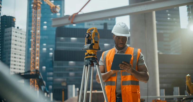 Engenheiro civil utilizando um teodolito e tablet em canteiro de obras urbano