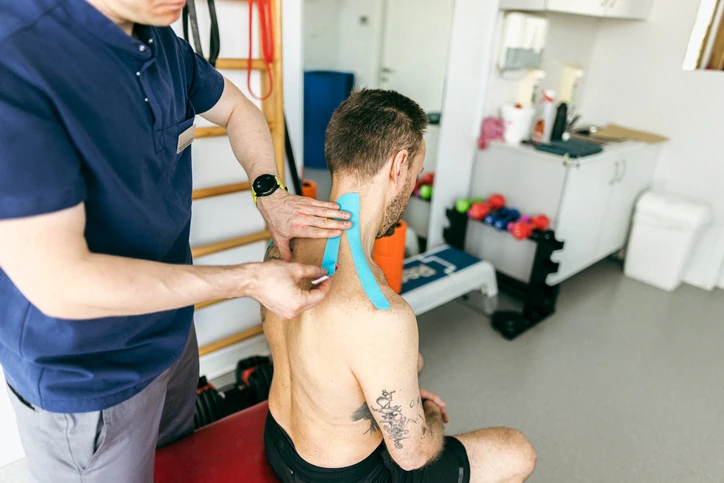 Fisioterapeuta realizando tratamento com bandagem funcional para alívio de dores musculares em paciente