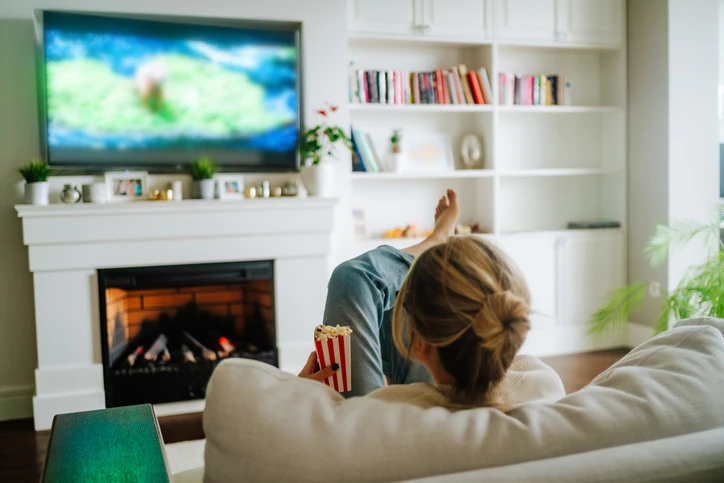 Mulher desfrutando de um momento de lazer em casa assistindo televisão com pipoca em uma sala confortável