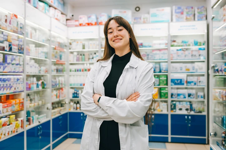 Farmacêutica sorridente de jaleco branco em pé dentro de uma farmácia com prateleiras cheias de medicamentos.