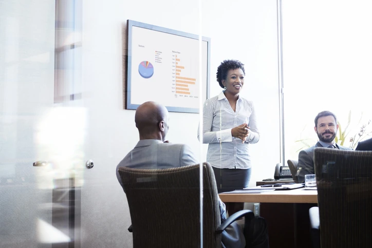 https://estaticos.animaeducacao.com.br/medias/20260512182151/GettyImages-961223078.webp Executiva conduzindo reunião de negócios com apresentação de resultados e análise de desempenho para equipe
