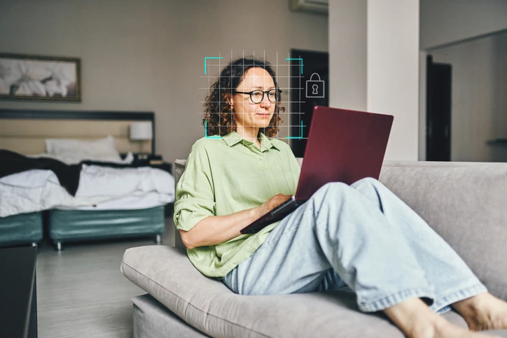 Mulher sentada no sofá usando notebook com autenticação biométrica e tecnologia de reconhecimento facial para segurança de dados