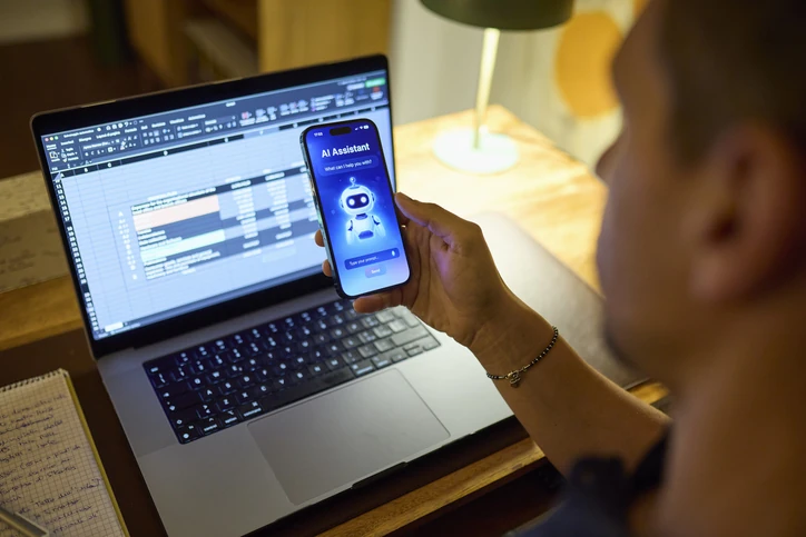 Estudante utilizando um smartphone com assistente de inteligência artificial ao lado de um notebook aberto em uma planilha, em um ambiente de estudos.