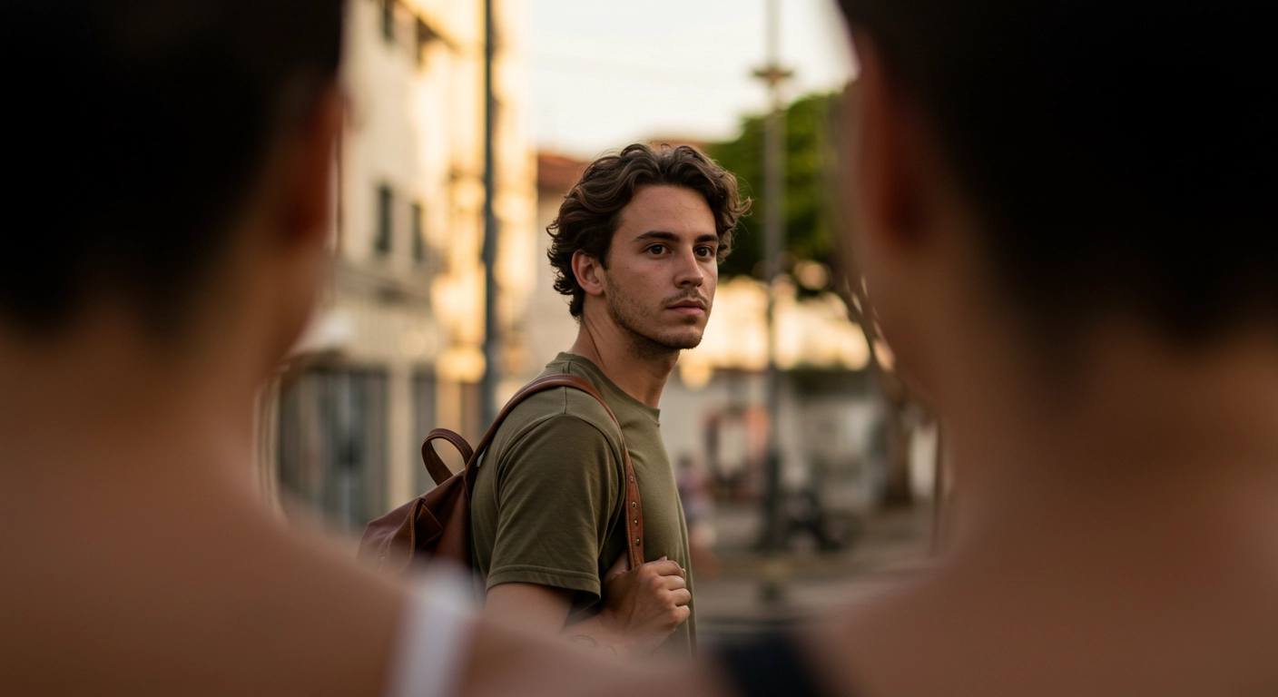 Jovem estudante caminhando pela rua com mochila nas costas