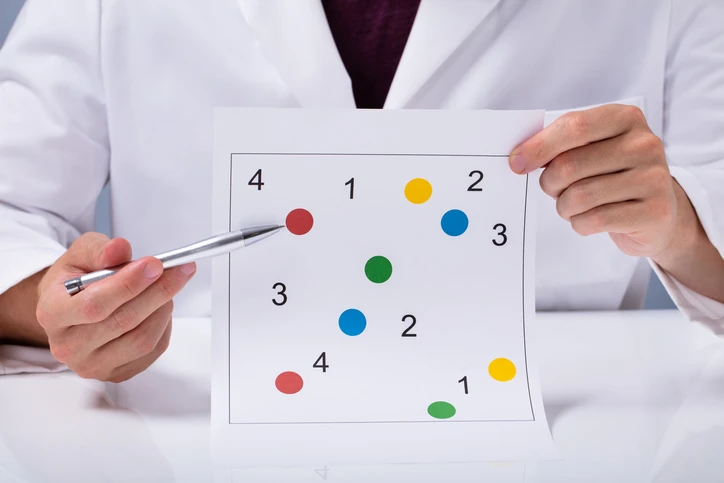 Profissional de saúde realizando teste de visão com cartela de cores e números